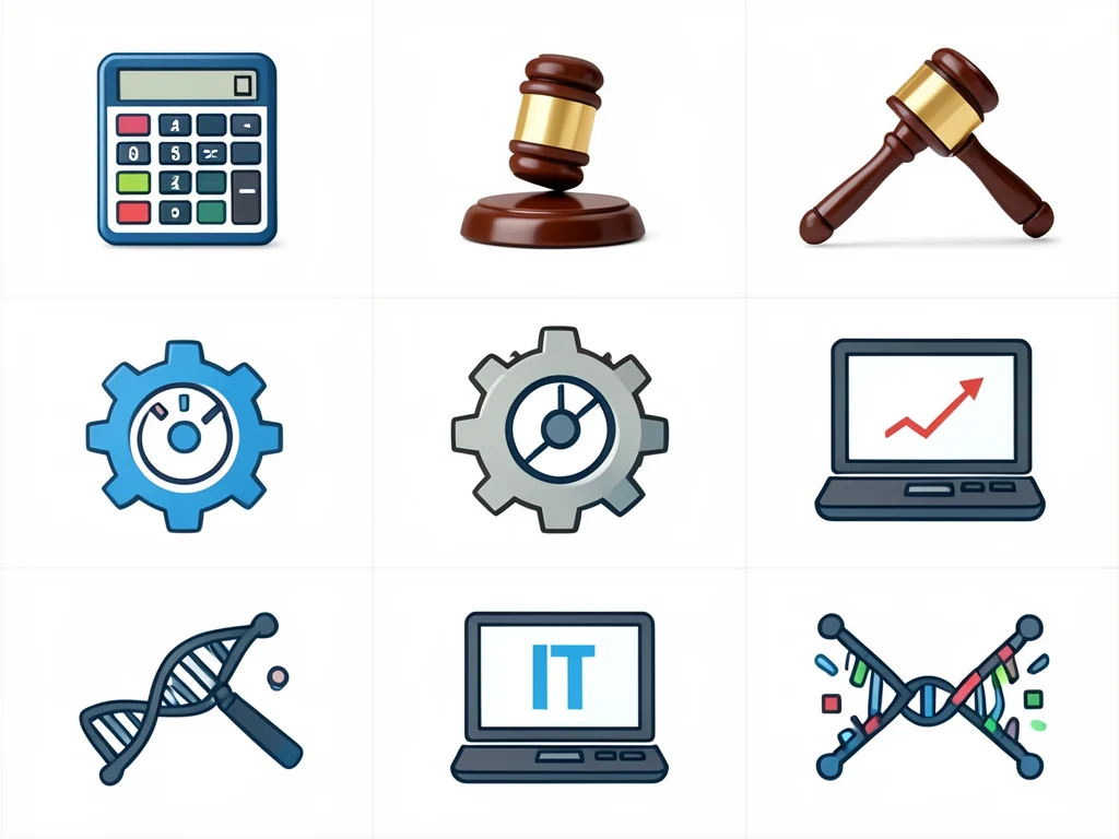 Icons representing diverse fields of study including finance, law, engineering, IT, and science.