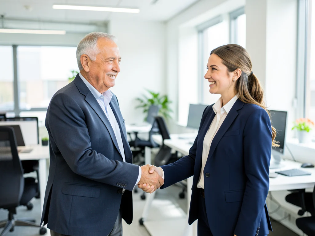 A senior professional shaking hands with a recent graduate, symbolizing career launch and mentorship.