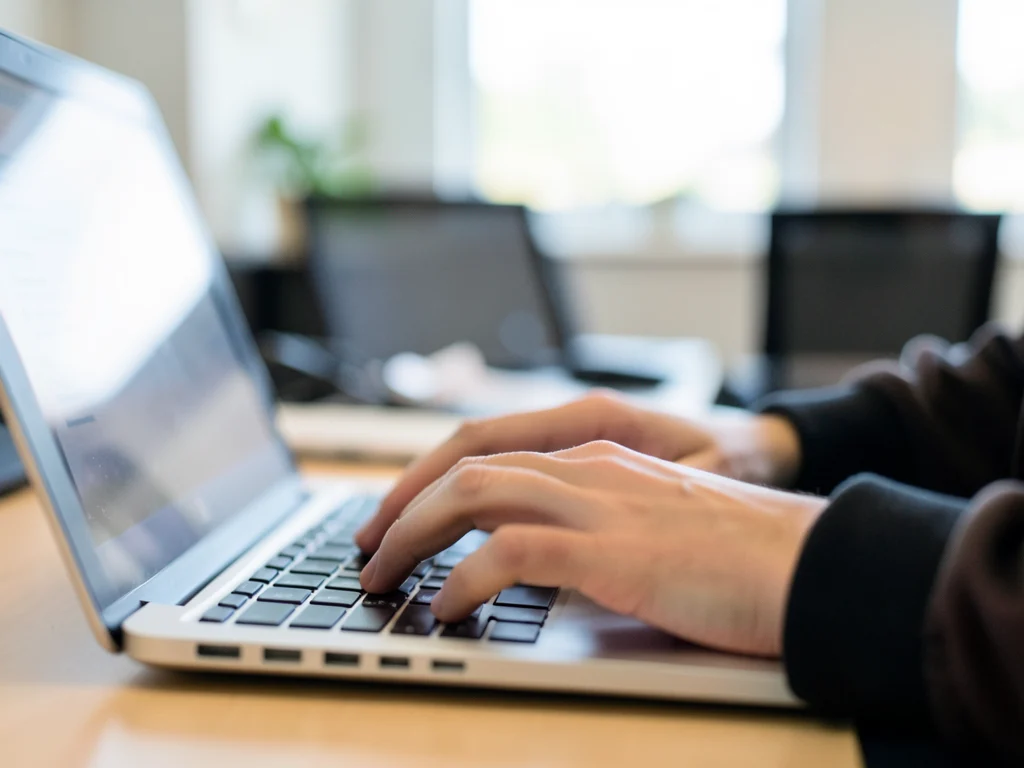 Hands typing on a laptop, symbolizing administrative tasks.