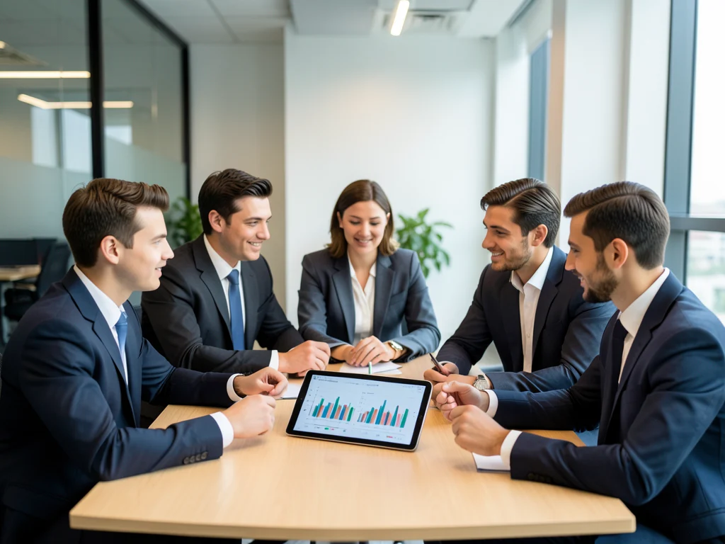 Graduates in a professional setting discussing financial strategies.
