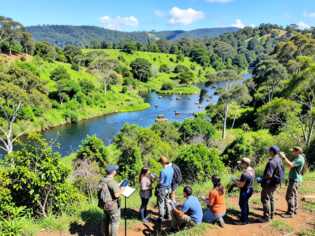Interns conducting fieldwork in a scenic environmental management area.