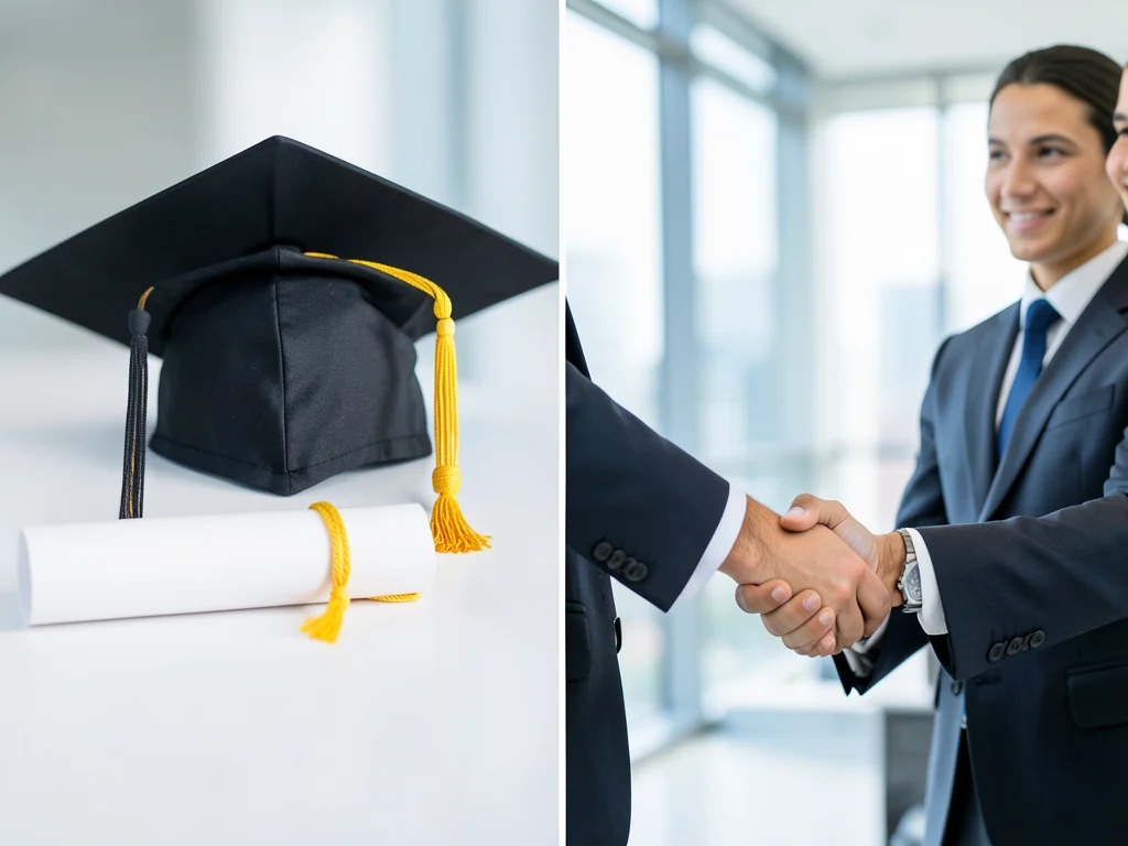Graduation cap and diploma alongside a professional handshake, illustrating the link between education and career.