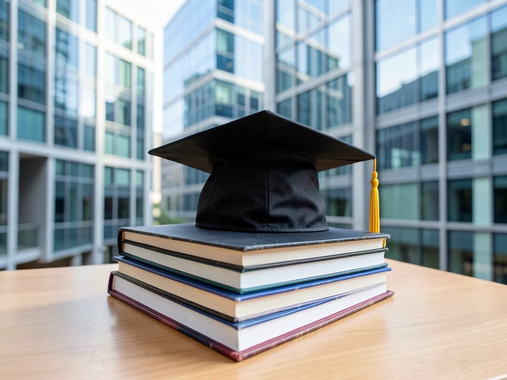 Graduation cap and books symbolizing the required academic qualifications.
