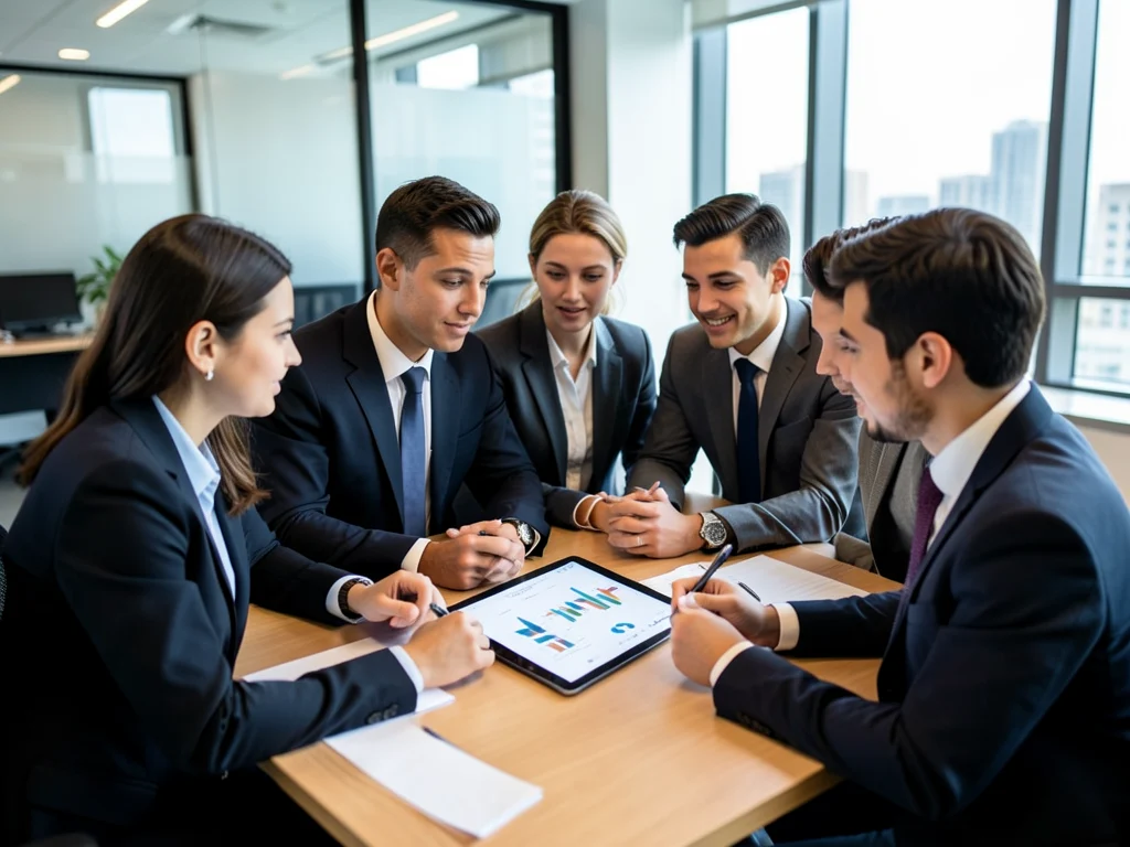 Graduates collaborating in a modern office environment.