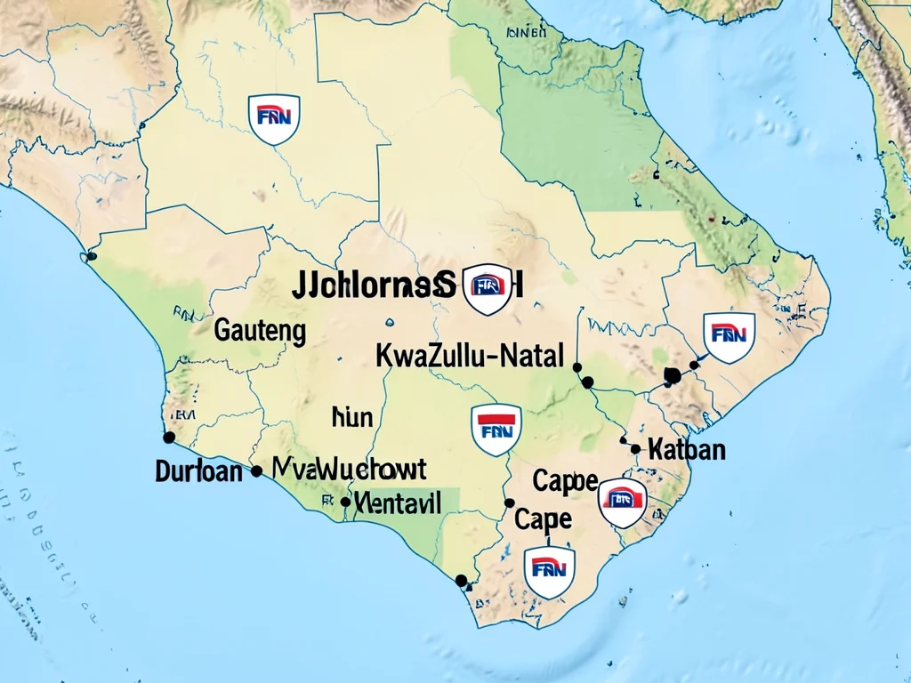 Map of South Africa showing the three main FNB hubs for the program.