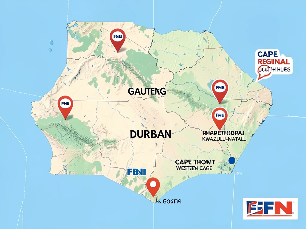 Map of South Africa showing the three key regional hubs for the FNB Graduate Academy.