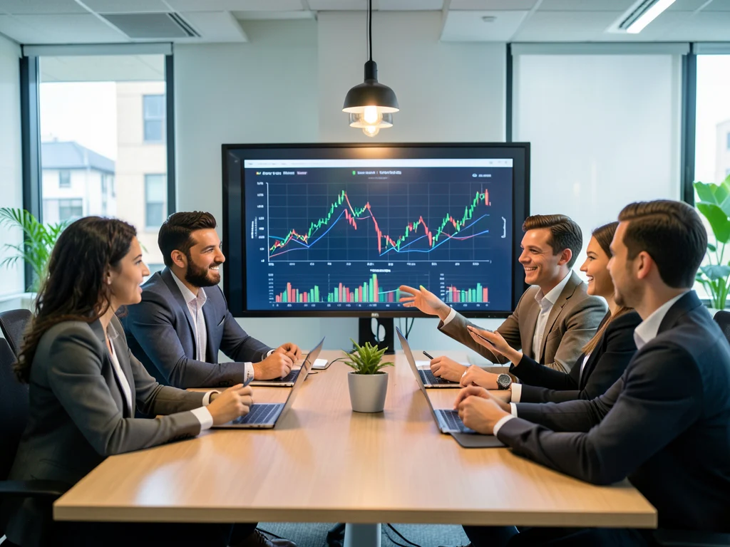 Young professionals collaborating in a modern office, discussing financial data.