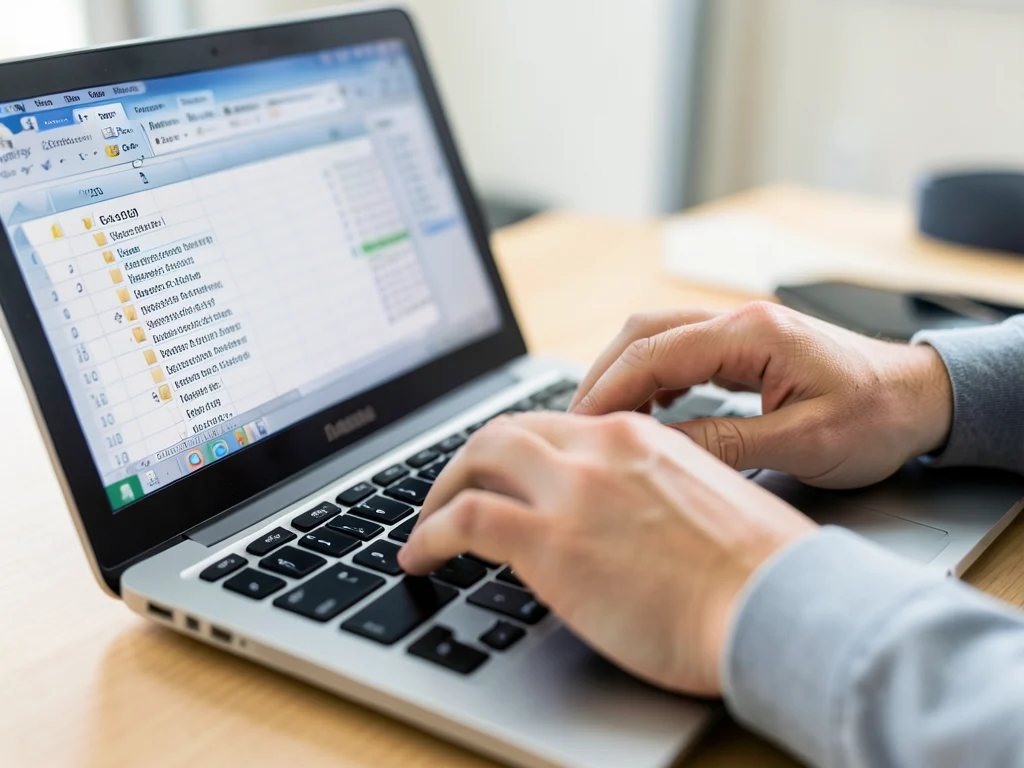 Hands typing on a laptop with an Excel spreadsheet open.