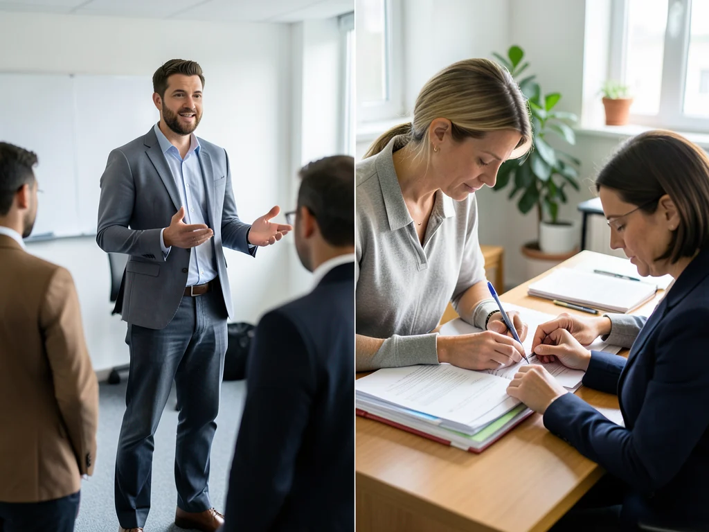Split image showing confident communication and meticulous organization.