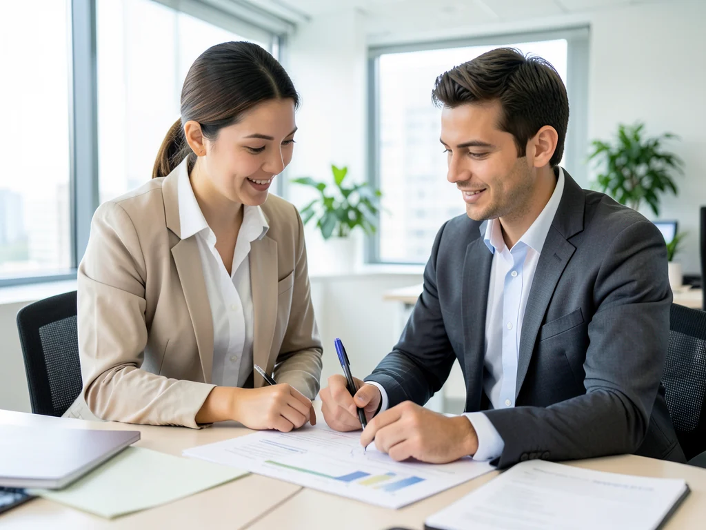 Mentor guiding an intern in a professional office setting.