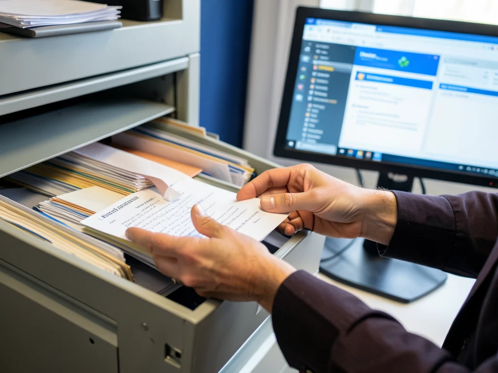HR intern organizing physical and digital files, demonstrating administrative duties.