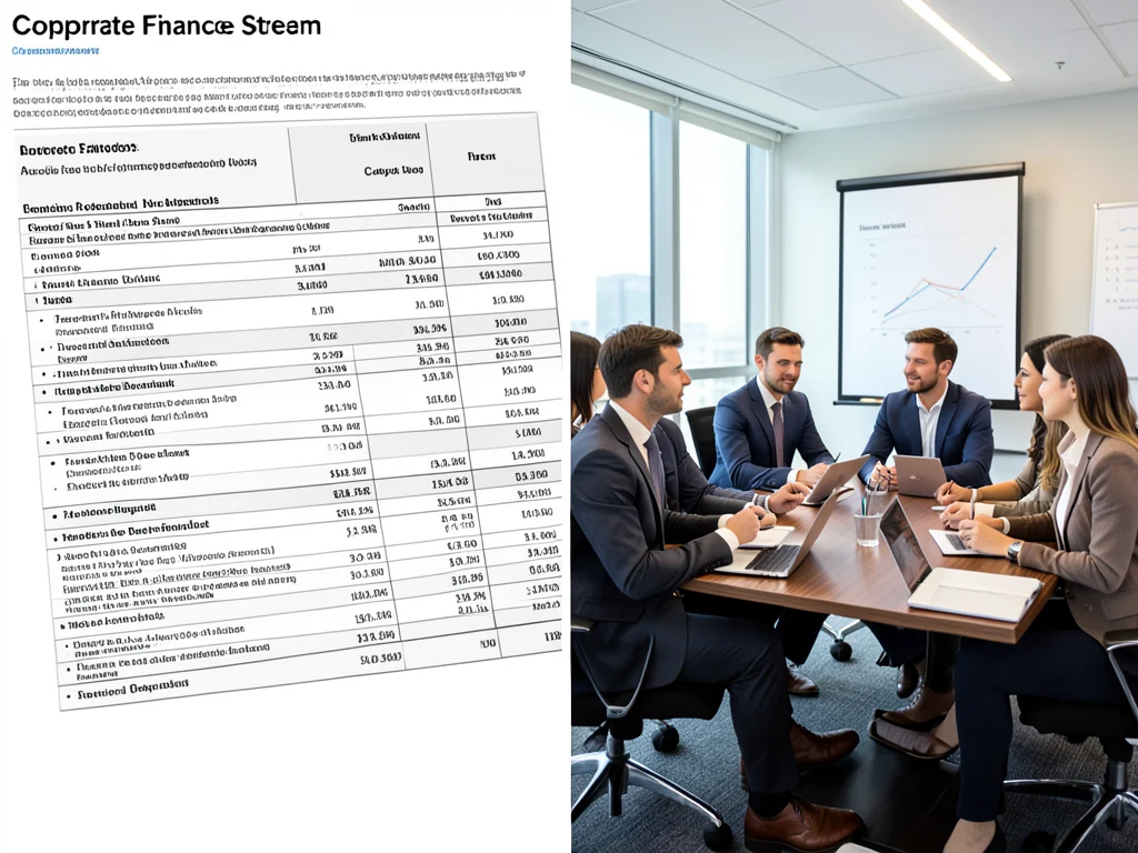 Visual elements representing corporate finance, including financial statements and professional discussions.