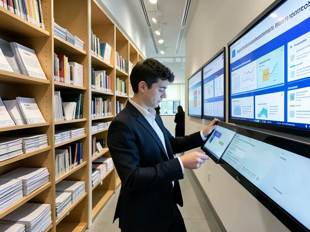 A professional managing digital and physical records in an organized information management system.