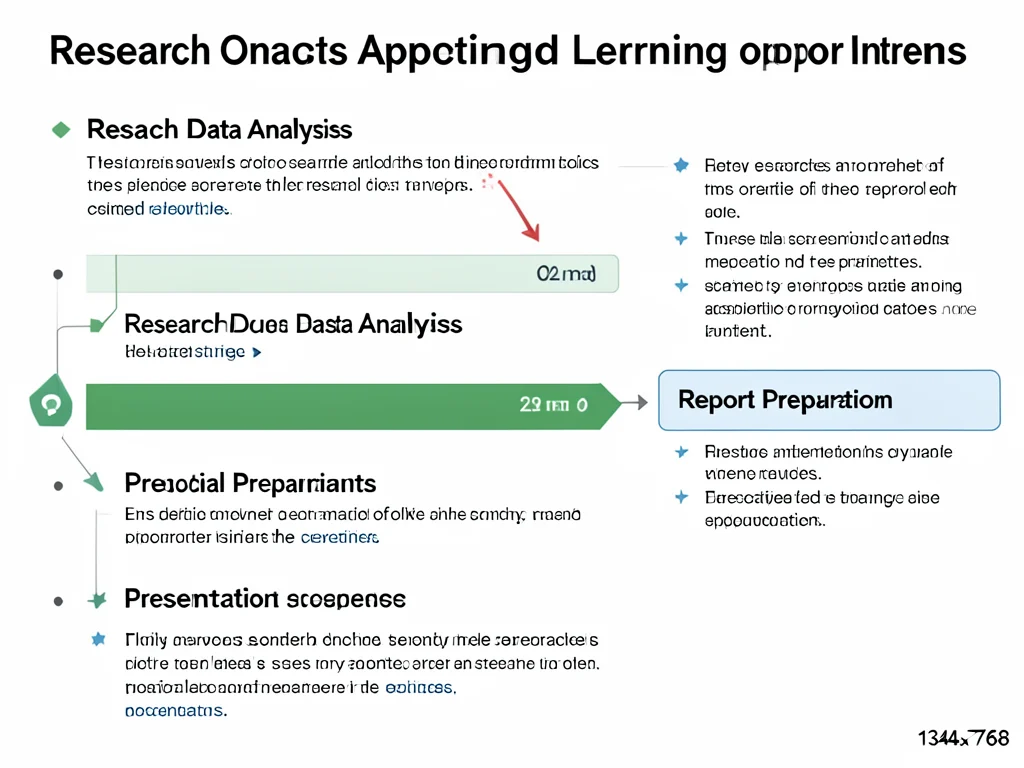 Visual workflow of research, analysis, reporting, and presentation for intern responsibilities.