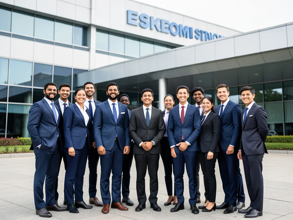 Young graduates in front of an Eskom building.
