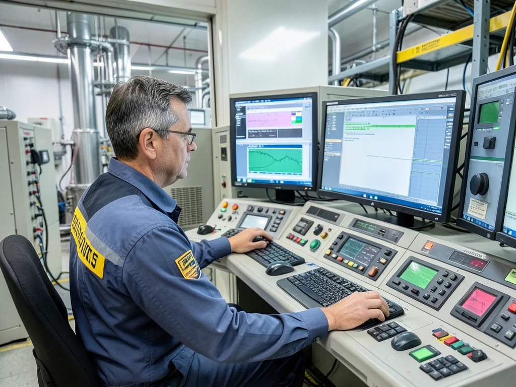 Power plant operator monitoring control systems in a control room.