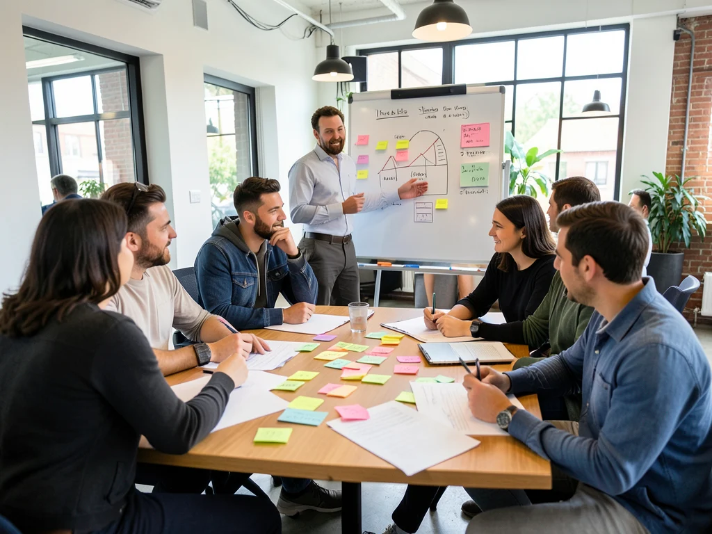Entrepreneurs collaborating and innovating in a modern workspace.